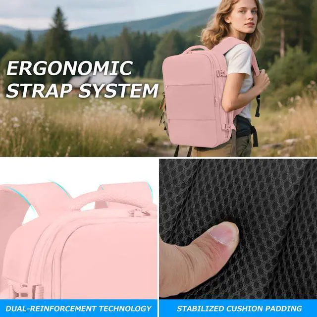 Alt view image 2 of 5 - Lovvento Air Vacuum Compression Travel Backpack: Expandable Carry On Bag Vacuum with Pump Fits 17.3inch Laptop for Women and Men - Suitable for Business and Work Waterproof (Pink)