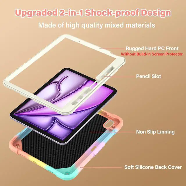 Alt view image 4 of 4 - HOGENL Case for iPad Air 11-inch (M2 and M3) for Kids Girls with Stylus Holder, Cover for iPad Air 6th 2024/2025 with Butterfly Stand, Carrying Strap, Heavy Duty Full Body Protective - Colorful