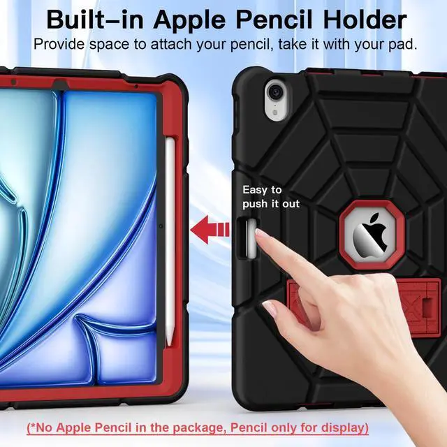 Alt view image 3 of 5 - Grifobes for iPad Air 11 inch (M3/M2) 2025/2024, iPad Air 5th/4th Generation Case 2022/2020 10.9", Heavy Duty Protective Cover with Pen Holder Stand for Air 6th 5 4 Kids(Black+Red)