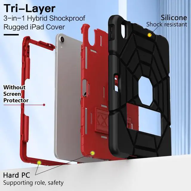 Alt view image 5 of 5 - Grifobes for iPad Air 11 inch (M3/M2) 2025/2024, iPad Air 5th/4th Generation Case 2022/2020 10.9", Heavy Duty Protective Cover with Pen Holder Stand for Air 6th 5 4 Kids(Black+Red)