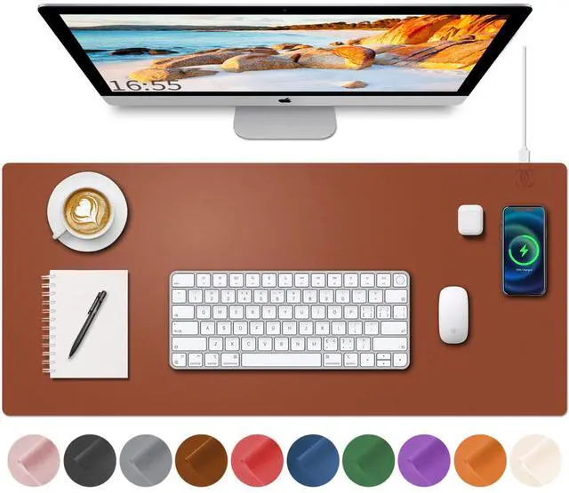 Main image of Desk Mat with Wireless Charging, Brown Mouse Pad with Wireless Charger, Desk Pad Matt for Desktop, Mousepad Gaming Large Mouse Pad, Leather Compute for Keyboard and Mouse, 32" x 16"