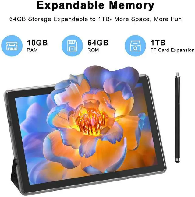 Alt view image 3 of 5 - HOTTABLET 10" Android 15 Tablet, 10(4+6Expand) GB RAM+64GB ROM, 2+8MP Dual Camera, 6000mAh Battery (Tablet+case+Stylus), Black