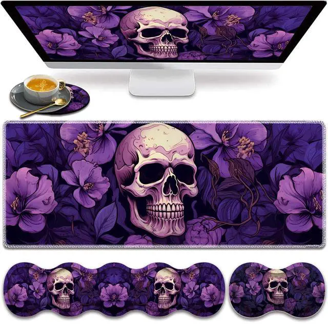 Main image of Large Gaming Mouse Pad, Keyboard Wrist Rest Pad + Mouse Wrist Pad + Coaster 4 in 1 Set, Extended Waterproof Non-Slip Desk Mat, Suitable for Office Home Learning Games, Purple Skull