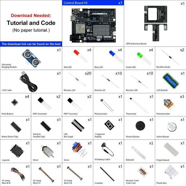 Alt view image 2 of 5 - Freenove Super Starter Kit with Board V5 Rev4 WiFi (Compatible with Arduino IDE), Arm Cortex-M4 Microcontroller, Onboard ESP32-S3, 305-Page Detailed Tutorial, 172 Items, 60 Projects
