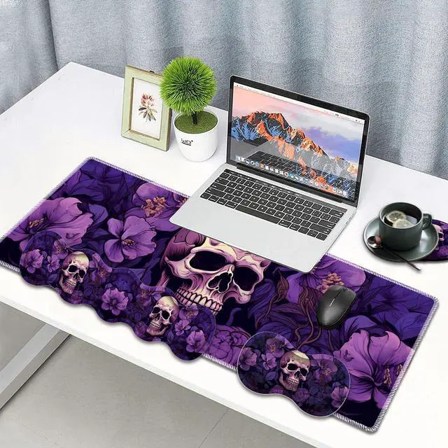Alt view image 2 of 5 - Large Gaming Mouse Pad, Keyboard Wrist Rest Pad + Mouse Wrist Pad + Coaster 4 in 1 Set, Extended Waterproof Non-Slip Desk Mat, Suitable for Office Home Learning Games, Purple Skull