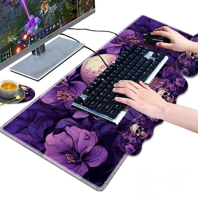 Alt view image 4 of 5 - Large Gaming Mouse Pad, Keyboard Wrist Rest Pad + Mouse Wrist Pad + Coaster 4 in 1 Set, Extended Waterproof Non-Slip Desk Mat, Suitable for Office Home Learning Games, Purple Skull