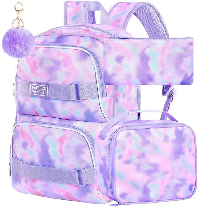 Main image of FTJCF 17 Inches Backpack for Girls Women, 3Pcs Tie-dye College School Bookbag Set for Teens Students, Water Resistant Laptop Backpacks with Lunch Bag(Purple)