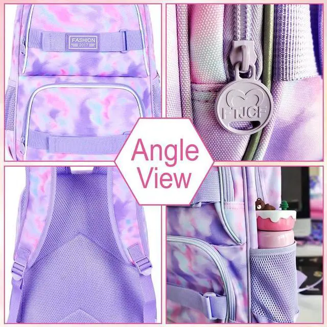Alt view image 5 of 5 - FTJCF 17 Inches Backpack for Girls Women, 3Pcs Tie-dye College School Bookbag Set for Teens Students, Water Resistant Laptop Backpacks with Lunch Bag(Purple)