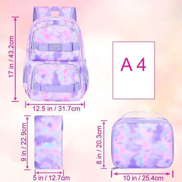 Alt view image 4 of 5 - FTJCF 17 Inches Backpack for Girls Women, 3Pcs Tie-dye College School Bookbag Set for Teens Students, Water Resistant Laptop Backpacks with Lunch Bag(Purple)