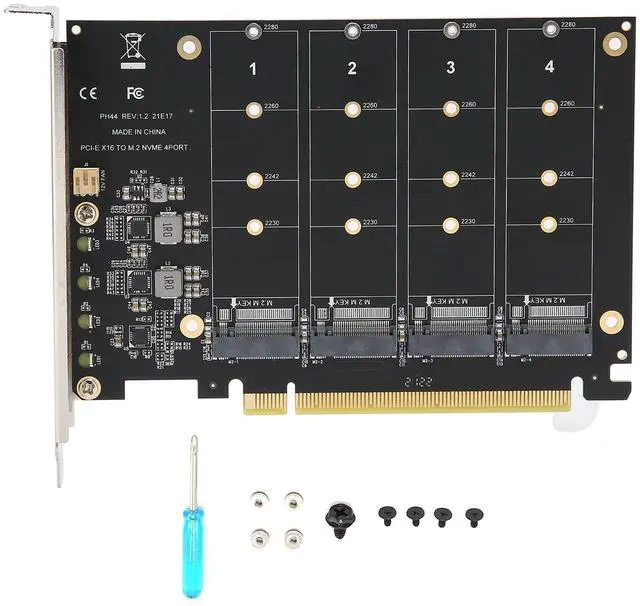 Main image of 4 Port NVMe to PCIe Host Controller Expansion Card, M.2 NVME to PCIe X16 Adapter, Support 2230 2242 2260 2280, System Free Drive, 4x32Gbps, with Mounting Accessories (ph44)