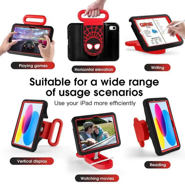 Alt view image 2 of 5 - Compatible with ipad A16 11-inch 11th Generation/Air 6 /Air 7 /ipad 10th Gen 10.9 Inch 2022, Adjustable Portrait/Drop Proof with Handle,Kids Case for Compatible with11 Inch Case (Black Spider)