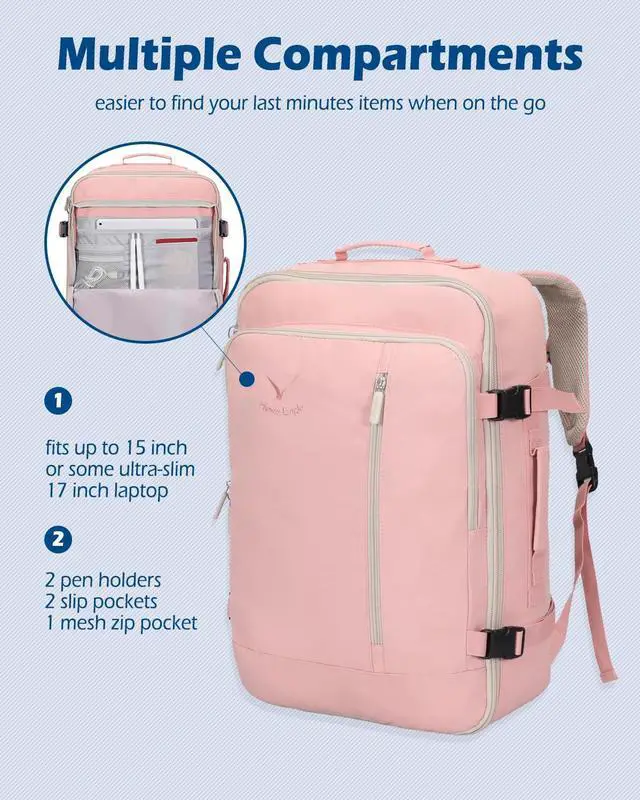 Alt view image 3 of 5 - Hynes Eagle Carry on Backpack 38L Large Travel Backpack for Women Flight Approved Weekender Bag Laptop Backpack Men 15 inches Light Pink with Waist Pack Pink