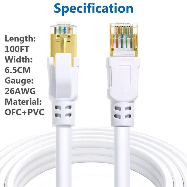 Alt view image 5 of 5 - Cat 8 Ethernet Cable 100 ft Internet Network LAN Patch Cable Cord High Speed 2000Mhz 40Gbps RJ45 Cables for Gaming, Xbox, PS5, PS4, Modem, Router, Outdoor Compatible for Cat7/Cat6a/Cat5e Network