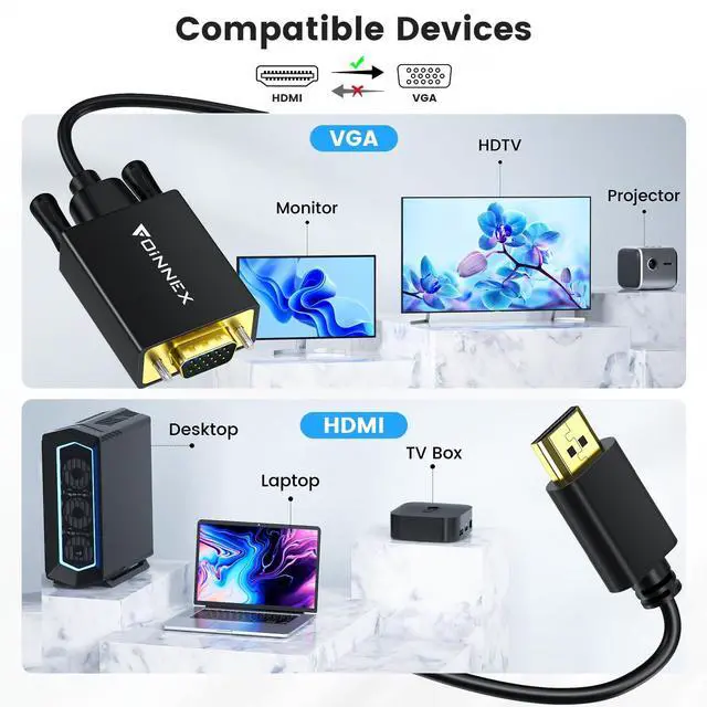 Alt view image 2 of 5 - FOINNEX VGA to HDMI Adapter with Audio, PC VGA Source Output to TV/Monitor with HDMI Connector 1080P Converter Adaptador for Computer Laptop Projector