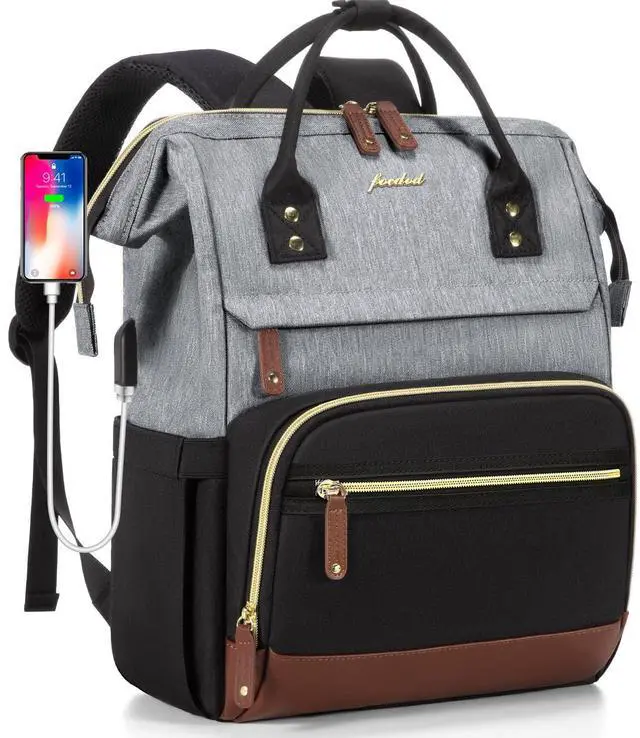 Main image of Focdod Laptop Backpack for Women Bag 15.6 Inch Work Business Backpacks Purse with USB Port Large Capacity Nurse Bag Backbag, Waterproof Casual Daypack for Travel, Black-Grey-Brown