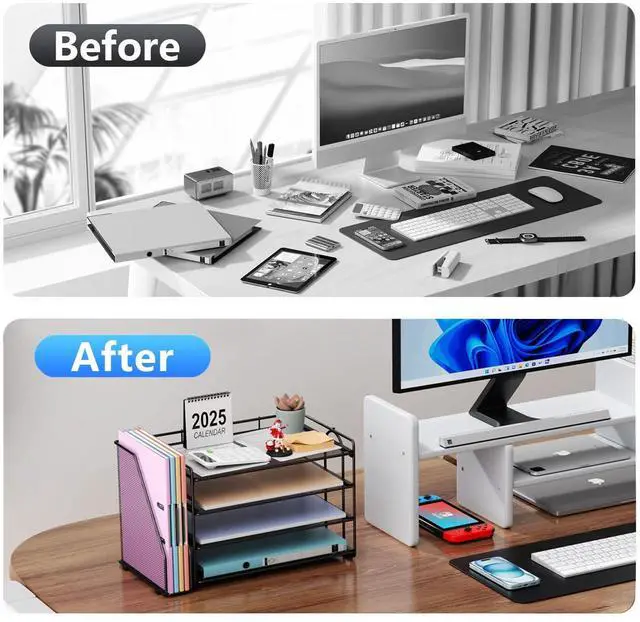 Alt view image 2 of 5 - gianotter Computer Monitor Stand Riser+4-Tier Paper Organizer (Black)