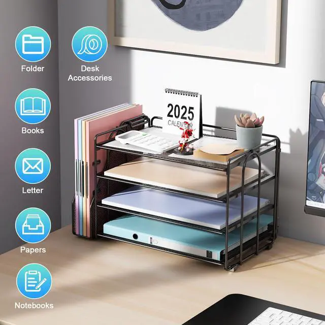 Alt view image 5 of 5 - gianotter Computer Monitor Stand Riser+4-Tier Paper Organizer (Black)