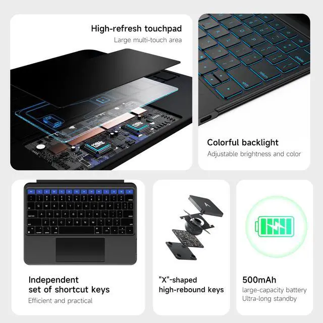 Alt view image 4 of 5 - HOU iPad 10th Generation Case with Keyboard, Rotatable & Detachable Keyboard Case for iPad 10, Elastic Pen Holder, Full Protection Cover, 7-Colors Backlight