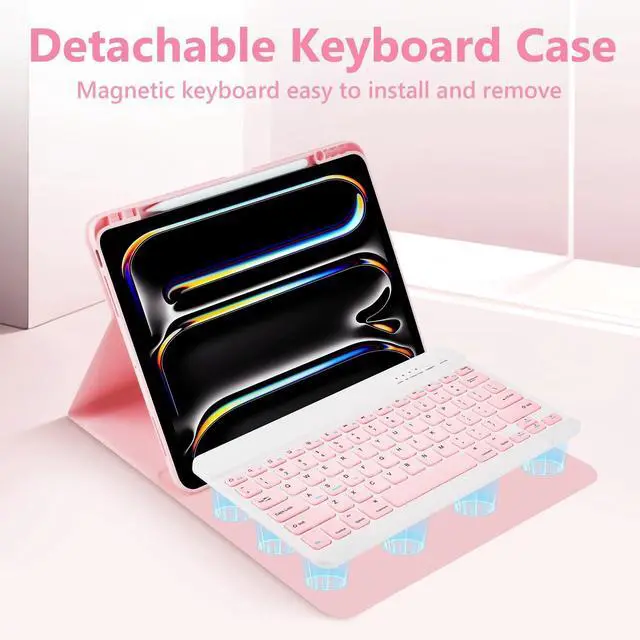 Alt view image 3 of 5 - FUWANG Keyboard Case for iPad Pro 13 Inch (M4) 2024, Magnetic Detachable for iPad Pro 13 inch Case with Keyboard - Wireless Colorful Keys Keyboard Cover for iPad Pro 13 Inch with Pencil Holder, Pink