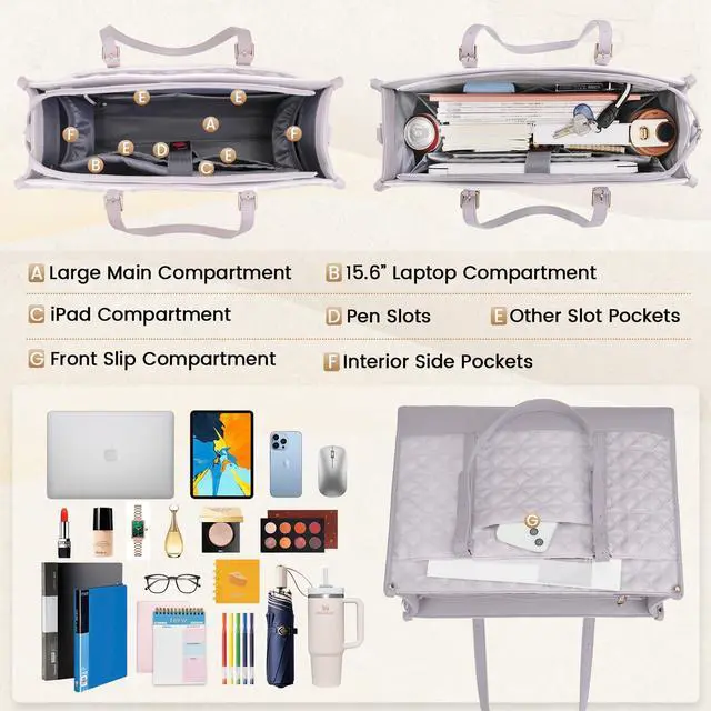 Alt view image 2 of 5 - IGOLUMON Laptop Bag for Women 15.6 Inch Vegan Leather Work Tote Bag Quilted Womens Briefcase Designer Laptop Bags for Office Teacher College Cute Computer Bag with Purse Professional Grey Purple