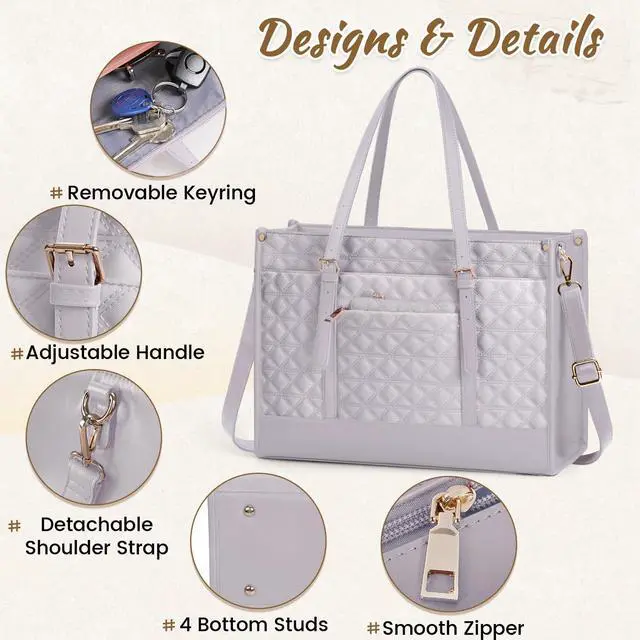 Alt view image 3 of 5 - IGOLUMON Laptop Bag for Women 15.6 Inch Vegan Leather Work Tote Bag Quilted Womens Briefcase Designer Laptop Bags for Office Teacher College Cute Computer Bag with Purse Professional Grey Purple