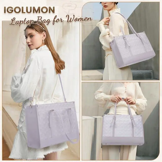 Alt view image 4 of 5 - IGOLUMON Laptop Bag for Women 15.6 Inch Vegan Leather Work Tote Bag Quilted Womens Briefcase Designer Laptop Bags for Office Teacher College Cute Computer Bag with Purse Professional Grey Purple