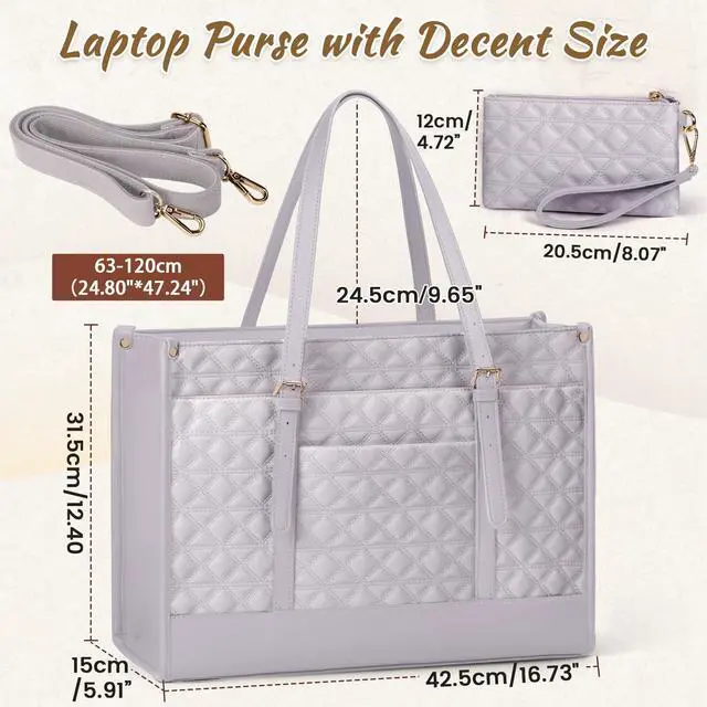 Alt view image 5 of 5 - IGOLUMON Laptop Bag for Women 15.6 Inch Vegan Leather Work Tote Bag Quilted Womens Briefcase Designer Laptop Bags for Office Teacher College Cute Computer Bag with Purse Professional Grey Purple