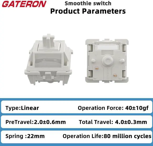 Alt view image 2 of 5 - Gateron Smoothie Linear Keyboard Switch,5-pin 40gf 22mm Dual-Stage Spring Pre-lubed Full POM Key Switches for Mechanical Gaming Keyboard(Smoothie White 72pcs)