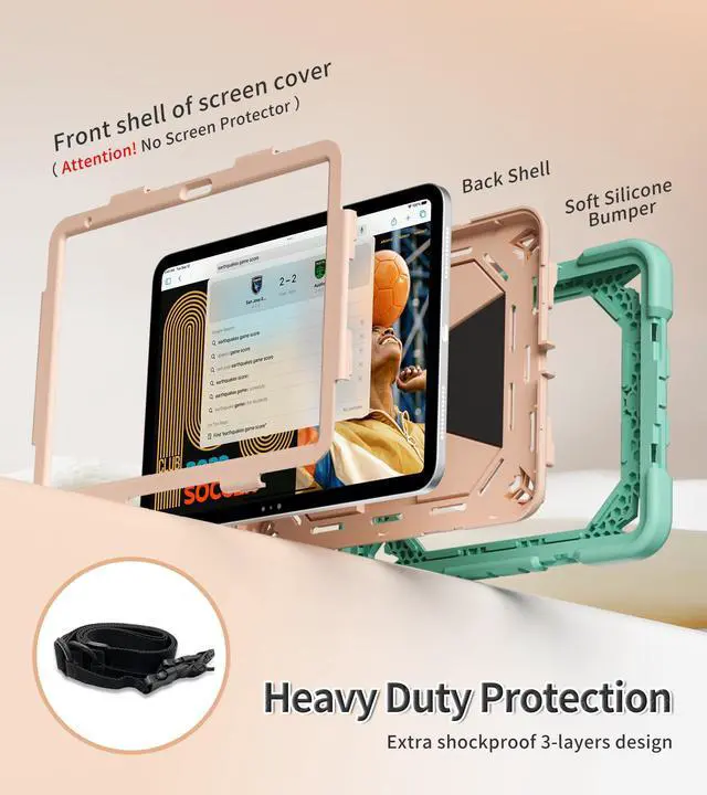 Alt view image 5 of 5 - GKABXY Case for iPad (A16) 11th Generation 11 inch 2025, iPad 10th Generation 10.9 Inch 2022, Full-Body Shockproof Hybrid Protective Cover with Pencil Holder & Shoulder Strap for Kids (Mint+Pink)