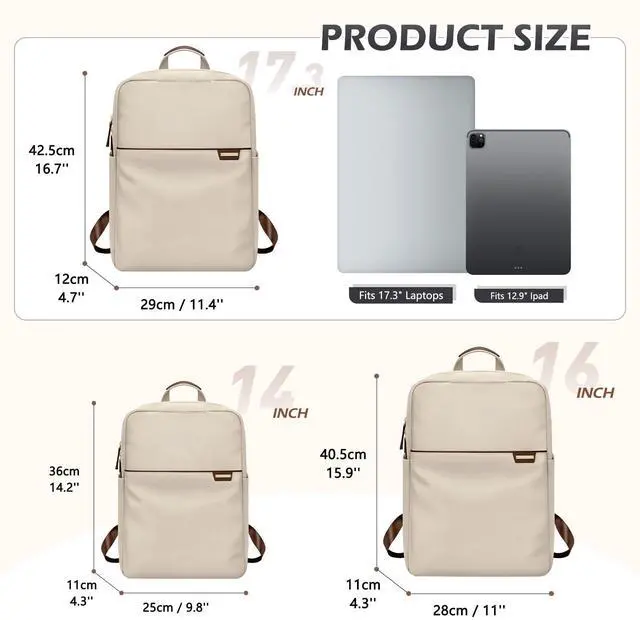 Alt view image 3 of 5 - GOLF QUALITY Slim Laptop Backpack for Women, Lightweight Business Backpack for Women Computer Bag Purse for Commuting, Fit 17.3 Inch, Apricot