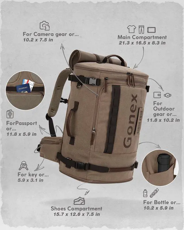 Alt view image 3 of 5 - Gonex Canvas Travel Backpack, Large 3-in-1 Convertible Vintage Laptop Duffel Bag for Men & Women, Durable Carry-On for Work, College & Outdoor Adventure (Coffee Brown)