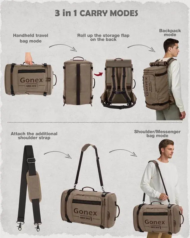 Alt view image 5 of 5 - Gonex Canvas Travel Backpack, Large 3-in-1 Convertible Vintage Laptop Duffel Bag for Men & Women, Durable Carry-On for Work, College & Outdoor Adventure (Coffee Brown)