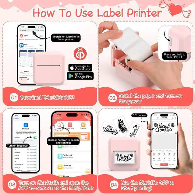 Alt view image 2 of 5 - HUIJUTCHEN Portable Bluetooth Label Maker Machine with 30x50 mm Tape, Compact & Wireless Mini Label Printer Thermal Label Maker for Home, Office, Kitchen, Compatible with iOS & Android, Pink