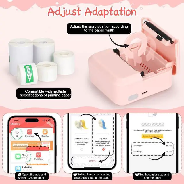 Alt view image 3 of 5 - HUIJUTCHEN Portable Bluetooth Label Maker Machine with 30x50 mm Tape, Compact & Wireless Mini Label Printer Thermal Label Maker for Home, Office, Kitchen, Compatible with iOS & Android, Pink