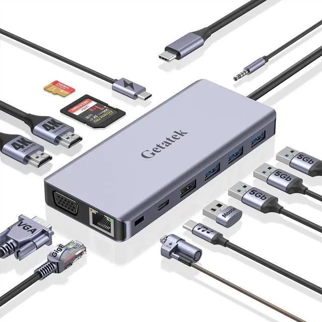 Main image of USB C Docking Station, 14 in 1 USB C Dock Triple Display, Laptop Docking Station with Dual HDMI, VGA, PD, RJ45, SD/TF, 3 USB 3.0, USB 2.0, Audio,Type C Data Port, Kensington Safety Lock, for MacBook