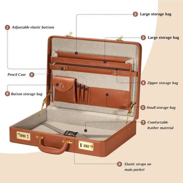 Alt view image 2 of 5 - Briefcases for Men, Professional Leather Briefcase with Lock, Hard Shell Business Brief Case, Durable Executive Attache Case for Laptop Documents, Mens Hard Briefcase for Work Office Travel, Brown