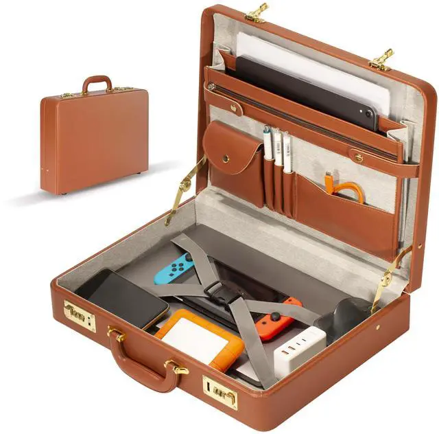 Alt view image 3 of 5 - Briefcases for Men, Professional Leather Briefcase with Lock, Hard Shell Business Brief Case, Durable Executive Attache Case for Laptop Documents, Mens Hard Briefcase for Work Office Travel, Brown