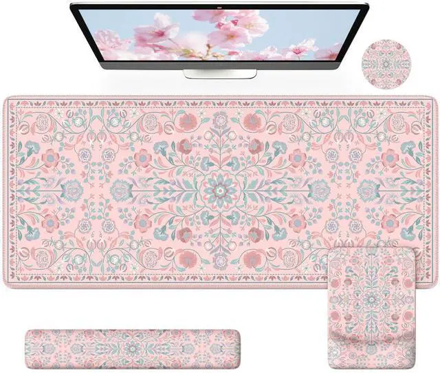 Main image of iCasso Pink Desk Mat with Wrist Rest,Large Desk Pad for Keyboard and Mouse,Ergonomic Mouse Pad Sets for Women,Non-Slip Wrist Pad for Keyboard,Floral Computer Mat for Home Office