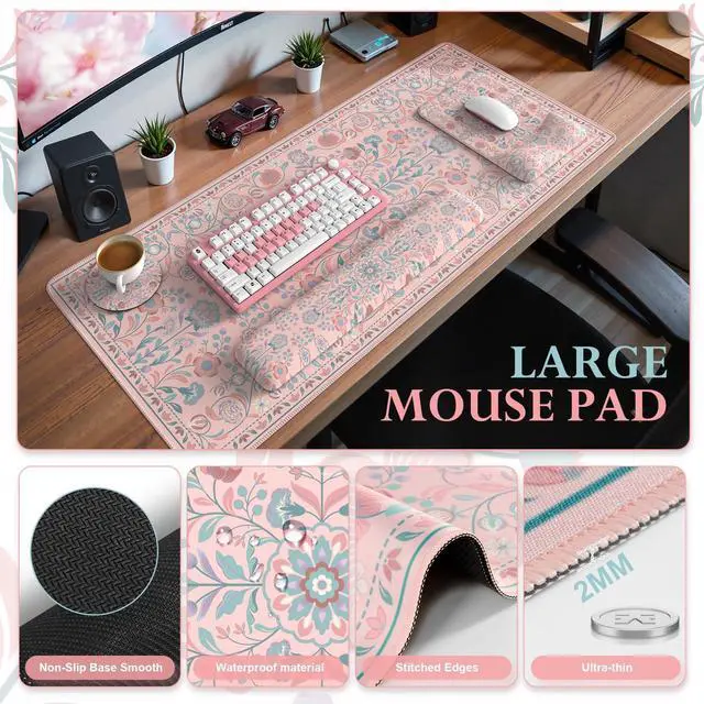 Alt view image 2 of 5 - iCasso Pink Desk Mat with Wrist Rest,Large Desk Pad for Keyboard and Mouse,Ergonomic Mouse Pad Sets for Women,Non-Slip Wrist Pad for Keyboard,Floral Computer Mat for Home Office