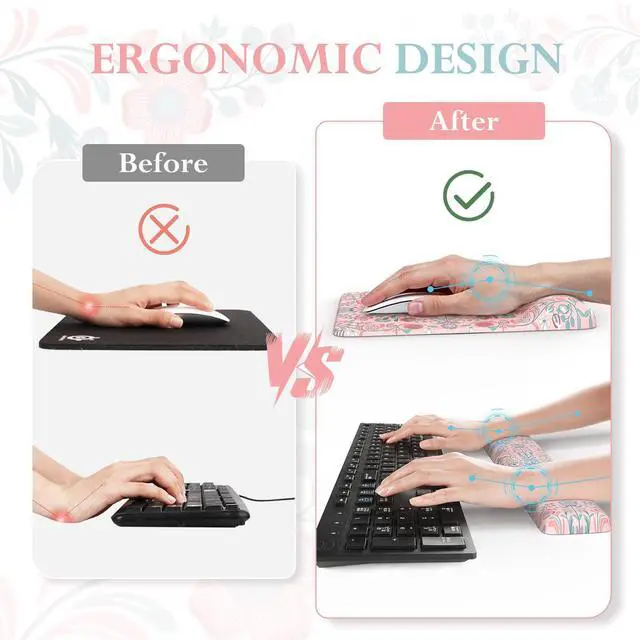Alt view image 4 of 5 - iCasso Pink Desk Mat with Wrist Rest,Large Desk Pad for Keyboard and Mouse,Ergonomic Mouse Pad Sets for Women,Non-Slip Wrist Pad for Keyboard,Floral Computer Mat for Home Office