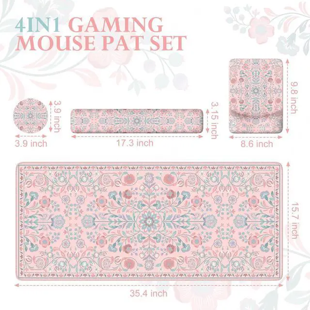 Alt view image 3 of 5 - iCasso Pink Desk Mat with Wrist Rest,Large Desk Pad for Keyboard and Mouse,Ergonomic Mouse Pad Sets for Women,Non-Slip Wrist Pad for Keyboard,Floral Computer Mat for Home Office