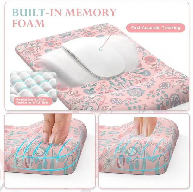 Alt view image 5 of 5 - iCasso Pink Desk Mat with Wrist Rest,Large Desk Pad for Keyboard and Mouse,Ergonomic Mouse Pad Sets for Women,Non-Slip Wrist Pad for Keyboard,Floral Computer Mat for Home Office