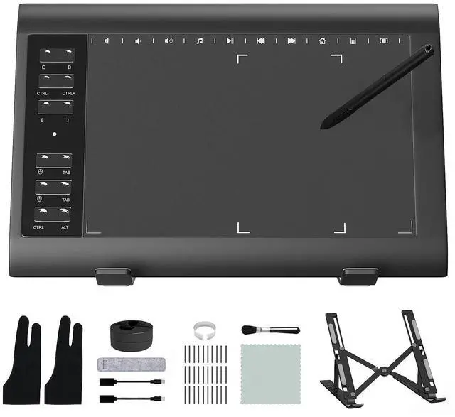 Main image of Graphic Drawing Tablet, ienRon 10x6.25 Inch Screen,Digital Art Tablet & Sketch Pad - 8192 Pressure Battery-Free Pen, 12 Hot Keys, Compatible Windows/Android, Includes Stand,Good Gifts,Black Pad