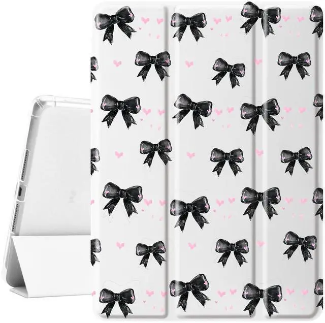 Main image of Idocolors Kawaii Black Bow Pad Case for 10.2 Inch iPad 9th/7th/8th Generation, Clear TPU Trifold Stand Back Cover with Pencil Holder, Auto Wake/Sleep Foldable Protective iPad 2021/2020/2019 Case