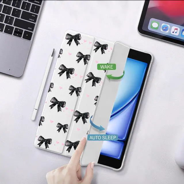 Alt view image 3 of 5 - Idocolors Kawaii Black Bow Pad Case for 10.2 Inch iPad 9th/7th/8th Generation, Clear TPU Trifold Stand Back Cover with Pencil Holder, Auto Wake/Sleep Foldable Protective iPad 2021/2020/2019 Case