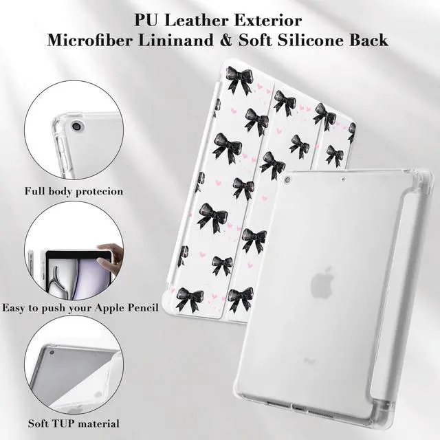Alt view image 4 of 5 - Idocolors Kawaii Black Bow Pad Case for 10.2 Inch iPad 9th/7th/8th Generation, Clear TPU Trifold Stand Back Cover with Pencil Holder, Auto Wake/Sleep Foldable Protective iPad 2021/2020/2019 Case
