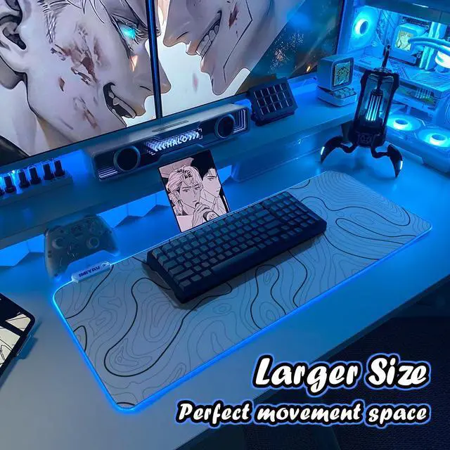 Alt view image 2 of 5 - JMIYAV Gaming Mouse Pad RGB Mousepad Non-Slip Rubber Base Large Cool XL XXL Computer Desk Pad Gaming Accessories LED Light Up Big Mouse Pad for Gamer Topographic White (31.5x12In)