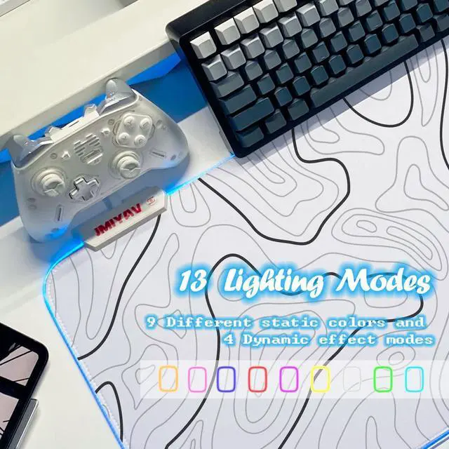 Alt view image 3 of 5 - JMIYAV Gaming Mouse Pad RGB Mousepad Non-Slip Rubber Base Large Cool XL XXL Computer Desk Pad Gaming Accessories LED Light Up Big Mouse Pad for Gamer Topographic White (31.5x12In)