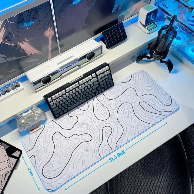 Alt view image 5 of 5 - JMIYAV Gaming Mouse Pad RGB Mousepad Non-Slip Rubber Base Large Cool XL XXL Computer Desk Pad Gaming Accessories LED Light Up Big Mouse Pad for Gamer Topographic White (31.5x12In)