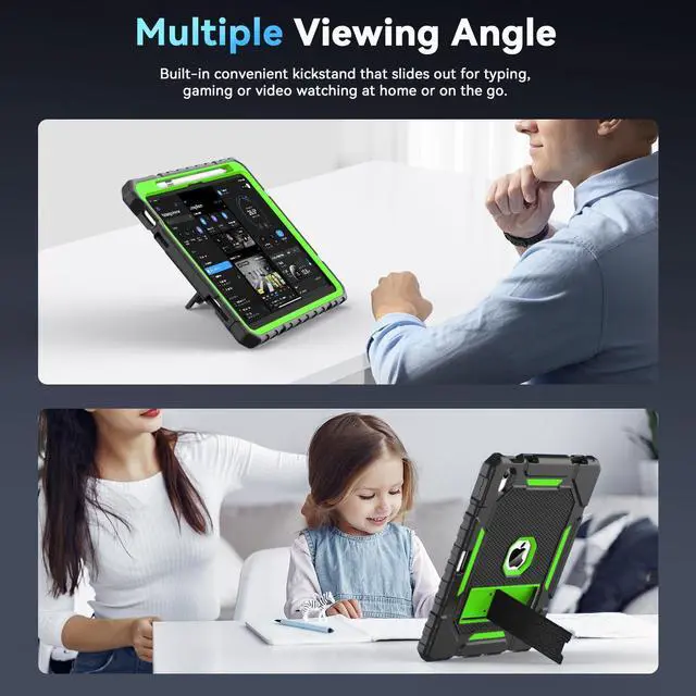 Alt view image 5 of 5 - Grifobes for iPad A16 Case 11th Generation 11 inch 2025 / iPad 10th Generation Case 10.9 inch 2022, Heavy Duty Military Grade Shockproof Cover with Pencil Holder for i Pad 11/10 (Black+Green)